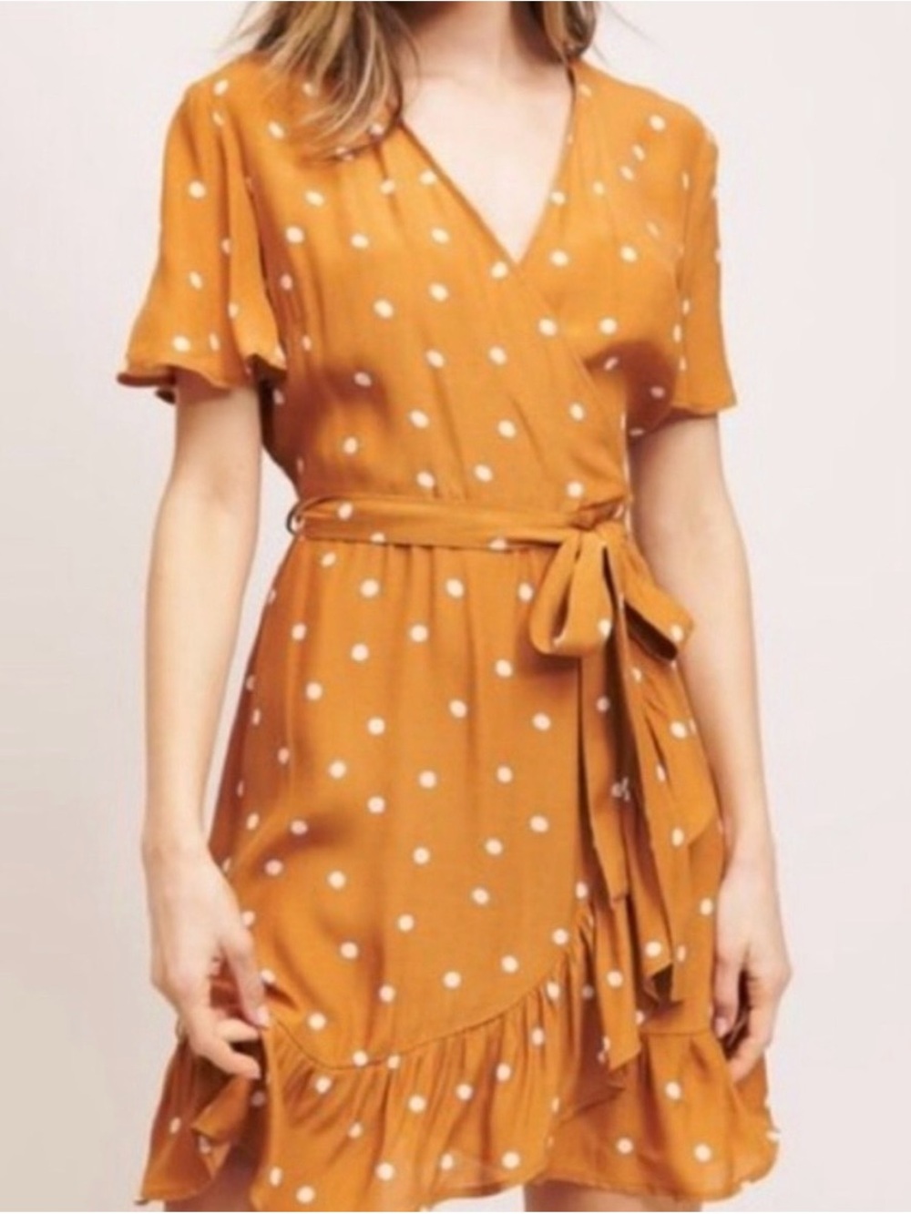 Dynamite Mustard Polka Dot Wrap Mini Dress - size medium